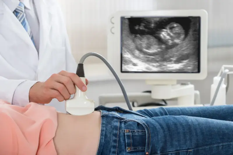 Lekarz wykonuje USG. Na ekranie widać zarodek, to 11 tydzień ciąży, który to miesiąc rozwoju dziecka.