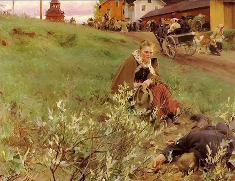 En kvinna sitter i gräset, en man ligger orörlig framför henne. Scenen påminner om hur Zorn ofta målade livet på landsbygden.