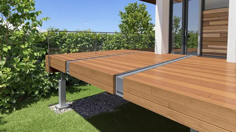 Un magnifique projet pour faire un toit terrasse en bois, avec une balustrade en verre et une végétation luxuriante.