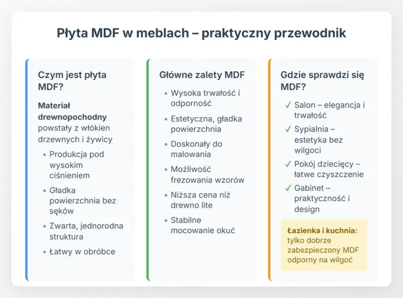 Płyta MDF to materiał drewnopochodny, idealny do mebli. Jest trwała, estetyczna i łatwa w obróbce, sprawdzi się w salonie, sypialni i pokoju dziecięcym.