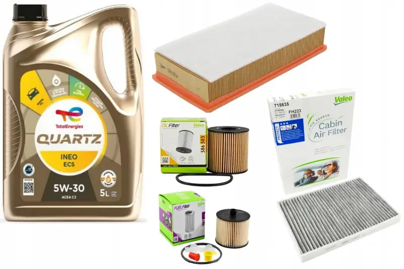 Olej TotalEnergies Quartz 5W-30 ACEA C2, idealny do silnika 1.6 HDI, wraz z filtrami powietrza, kabinowym i oleju.