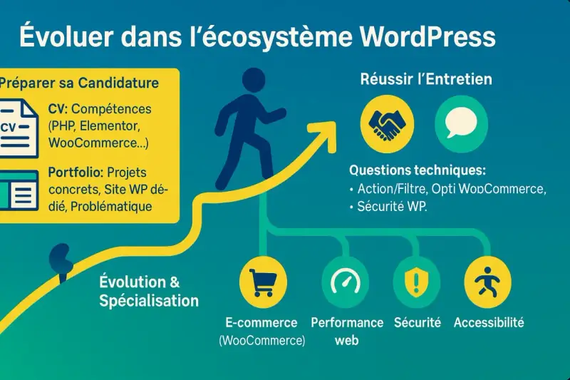 Guide pour évoluer dans l'écosystème WordPress : CV, portfolio, entretien, et spécialisations comme le webmaster WordPress.
