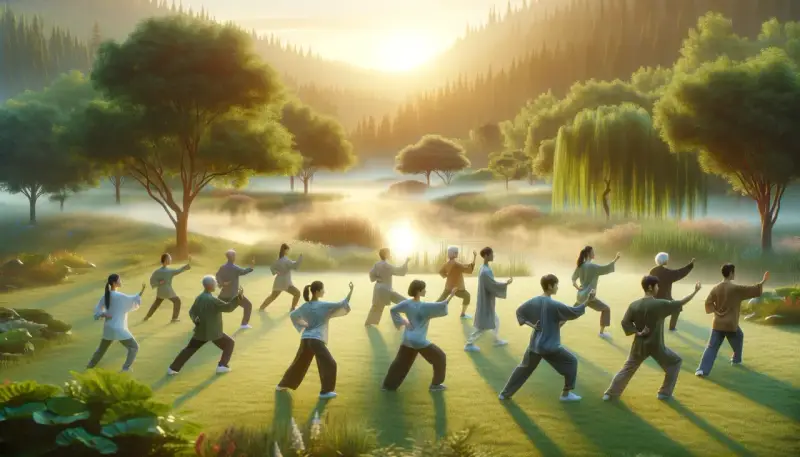 Gruppo di persone pratica Tai Chi in un paesaggio sereno. Sebbene il Tai Chi abbia pochi tai chi controindicazioni, è sempre bene consultare un medico.