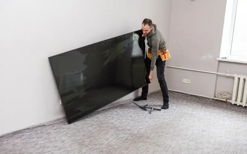 Mężczyzna z pasem narzędziowym przy ścianie trzyma duży, czarny telewizor. Zastanawia się, na jakiej wysokości telewizor będzie najlepiej wyglądał.