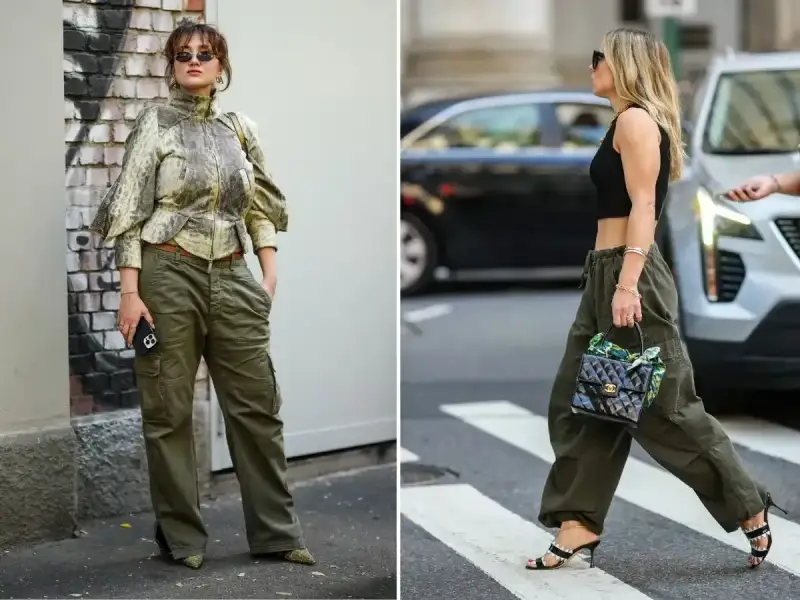 Dwie kobiety prezentują modne kolor khaki stylizacje. Jedna w kurtce z wzorem i bojówkach, druga w krótkim topie i luźnych spodniach.