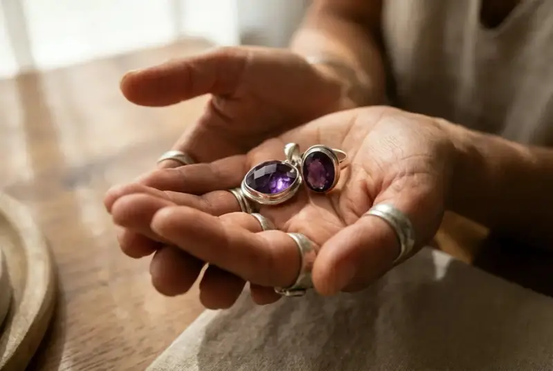Hands hold a pendant and ring with deep purple amethyst. These beautiful stones are found in Brazil, Uruguay, and other locations worldwide.