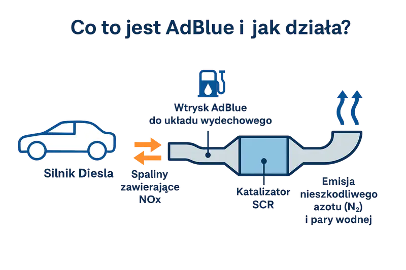 Schemat wyjaśnia, co to jest AdBlue i jak działa: wtrysk AdBlue do układu wydechowego silnika Diesla redukuje szkodliwe spaliny NOx.