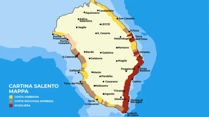 Mappa del Salento, una terra puglia da scoprire, con coste sabbiose, rocciose e scogliere. Indica città come Lecce, Otranto e Gallipoli.
