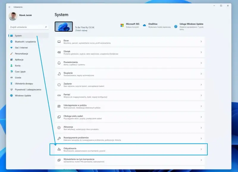 Ustawienia systemu Windows, sekcja "Odzyskiwanie" - tu znajdziesz opcje, jak sformatować komputer, resetując go lub uruchamiając zaawansowane opcje.