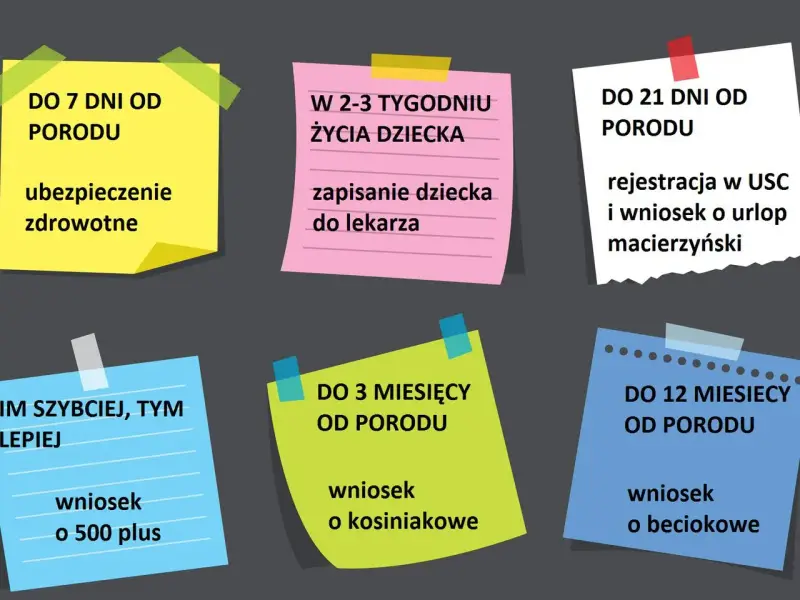 Terminy formalności po porodzie: ubezpieczenie zdrowotne (7 dni), rejestracja dziecka i wniosek o urlop macierzyński (21 dni), 500+, becikowe, kosiniakowe.