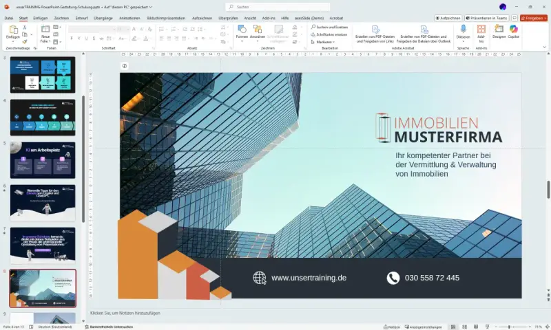 Eine PowerPoint-Präsentation mit einem modernen Design für eine Immobilienfirma.