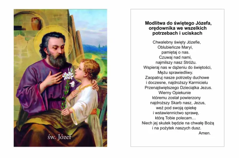 Św. Józef z Dzieciątkiem Jezus, obrazek z modlitwą do św. Józefa o pracę i opiekę.