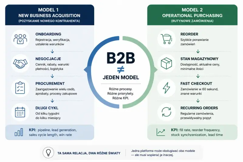 B2B to dwa modele: pozyskiwanie nowych kontrahentów (onboarding, negocjacje, długi cykl) i rutynowe zamówienia (reorder, szybki checkout).