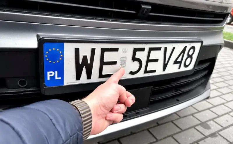 Palec wskazuje hologram na tablicy rejestracyjnej. Zastanawiasz się, ile kosztują tablice rejestracyjne?