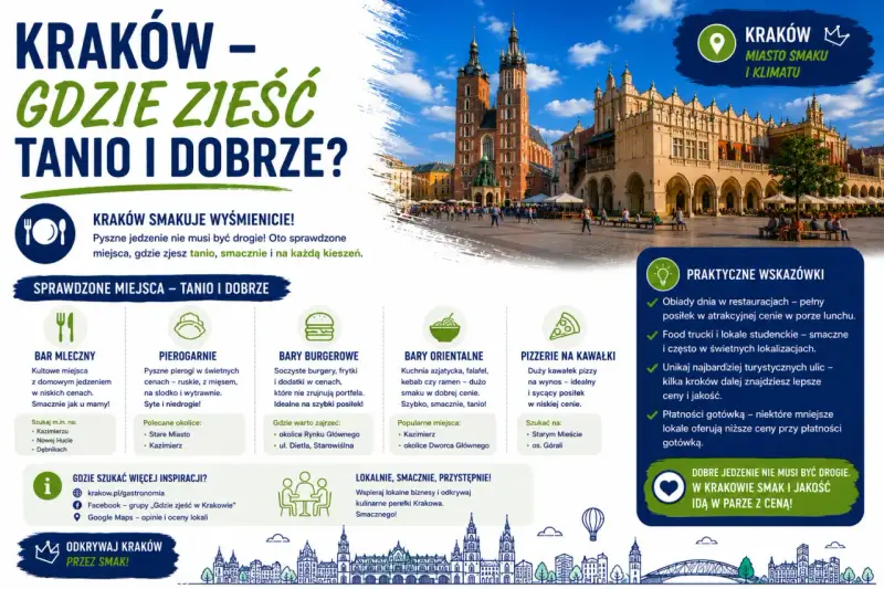Kraków: gdzie zjeść tanio i dobrze? Sprawdzone miejsca: bary mleczne, pierogarnie, burgery, kuchnia orientalna, pizza na kawałki. Smacznie i na każdą kieszeń!