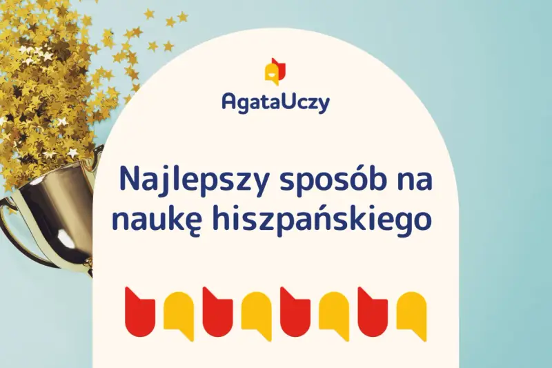 Złoty puchar i konfetti symbolizują sukces w nauce hiszpańskiego. "Najlepszy sposób na naukę hiszpańskiego" - pytania po hiszpańsku.