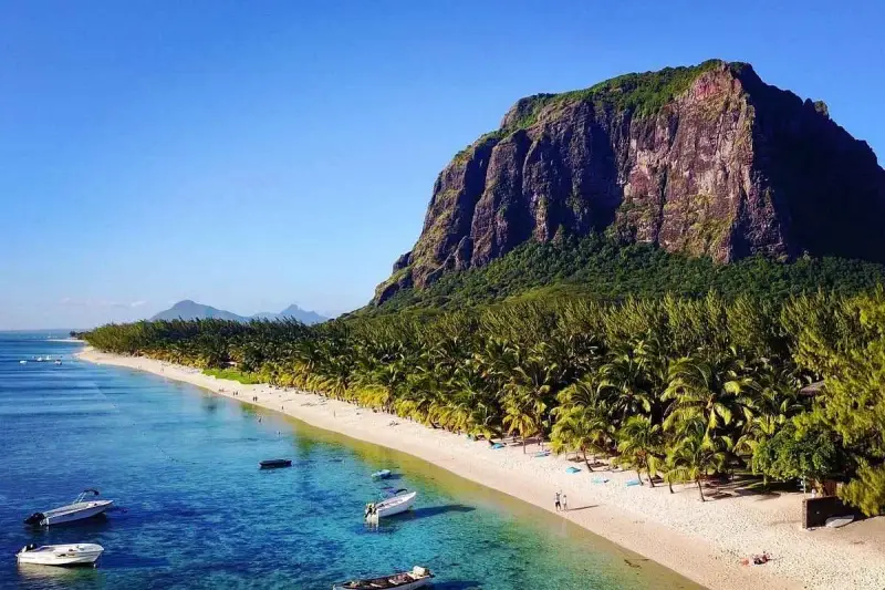 Mauritius pogoda sierpień: rajska plaża z palmami, turkusowa woda i majestatyczna góra Le Morne. Idealne warunki na wakacje.