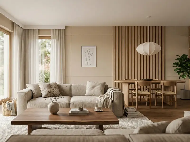 Przytulny salon w stylu japandi. Jasna sofa, drewniany stół i krzesła, ozdobne panele ścienne.