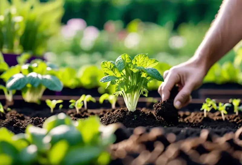 Main verte, une main ajoute de la terre autour d'un jeune plant. C'est le début de la culture, une étape clé pour savoir comment semer la mâche.