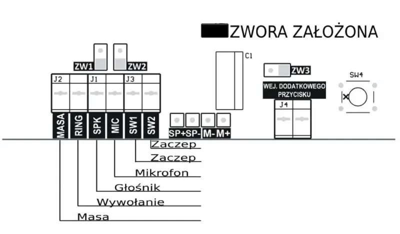 Schemat połączeń domofonu Cyfral Smart 5P z opisem zacisków i zworkami.