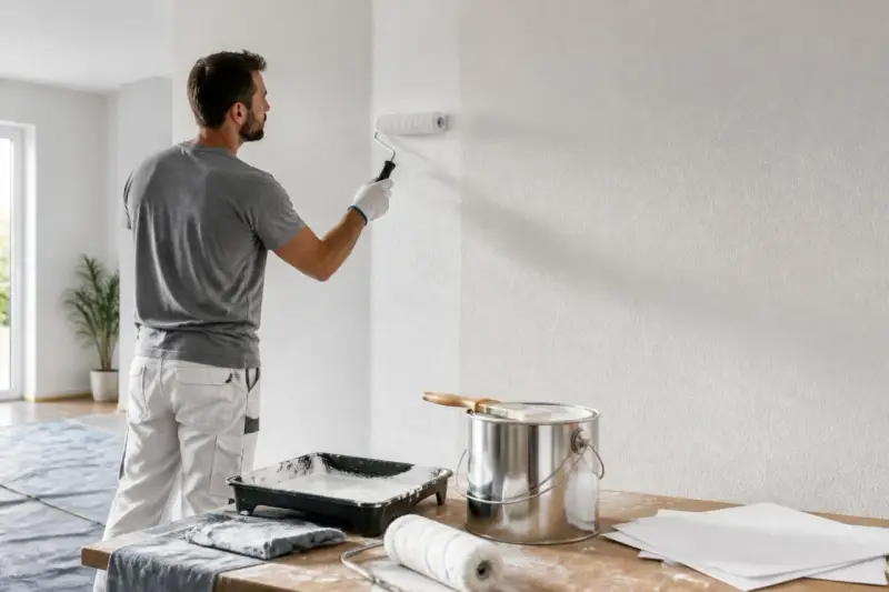 Un peintre applique une couche de peinture blanche sur un mur. Il utilise un rouleau et une boîte de peinture. On se demande combien de litre de peinture par m2 sera nécessaire pour ce chantier.