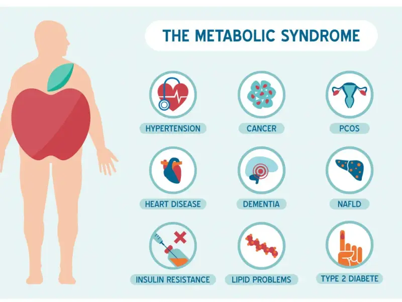 Ilustracja przedstawia czynniki ryzyka zespołu metabolicznego: nadciśnienie, choroby serca, oporność na insulinę, raka, demencję, problemy z lipidami, PCOS i cukrzycę typu 2.