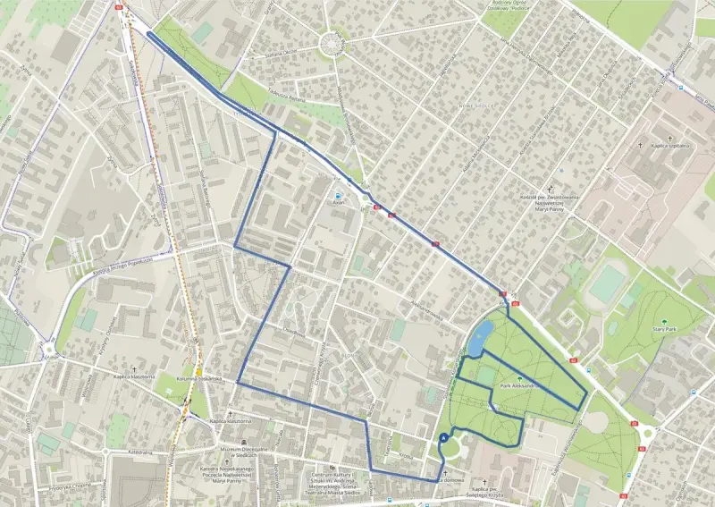 Mapa Siedlec z zaznaczoną trasą spaceru, obejmującą Park Aleksandria i zabytki, jak Katedra Niepokalanego Poczęcia NMP. To idealne miejsce na odkrywanie bohemia.