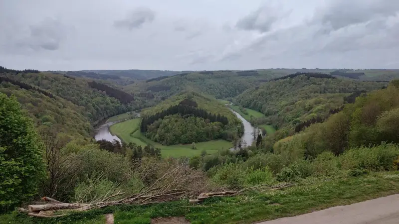 Malowniczy zakole rzeki w zielonych Ardenach, otoczone wzgórzami porośniętymi lasem.