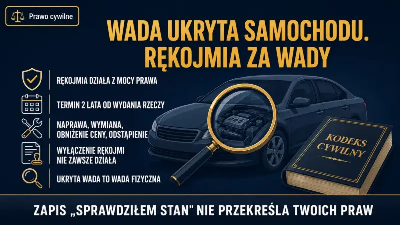 Wada ukryta samochodu. Rękojmia za wady działa z mocy prawa przez 2 lata. Naprawa, wymiana, obniżenie ceny lub odstąpienie od umowy.