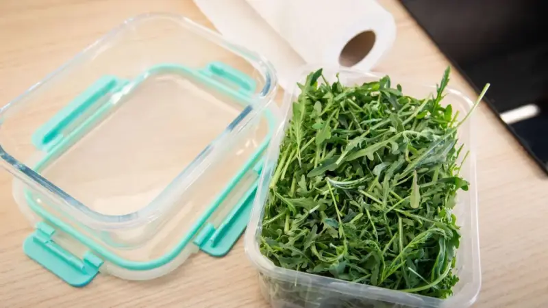 Frischer Rucola in einer Plastikschale neben einem leeren Glasbehälter. So gelingt das Rucola aufbewahren am besten.