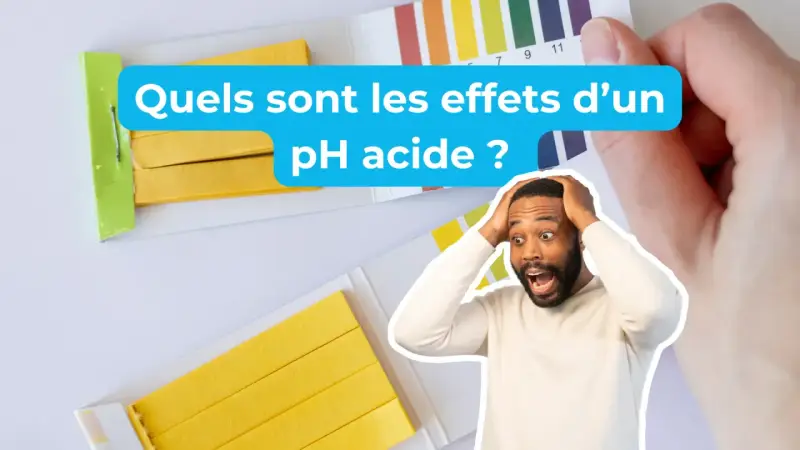 Un homme choqué découvre les effets d'un pH acide avec des bandelettes de test.