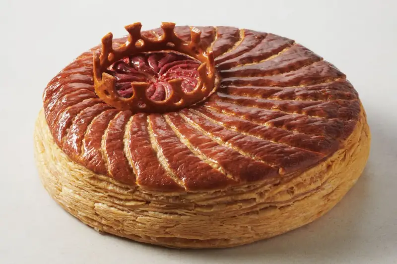Goldbraune Galette des Rois mit einer Krone aus Blätterteig, die die traditionelle Epiphanie-Feier symbolisiert.
