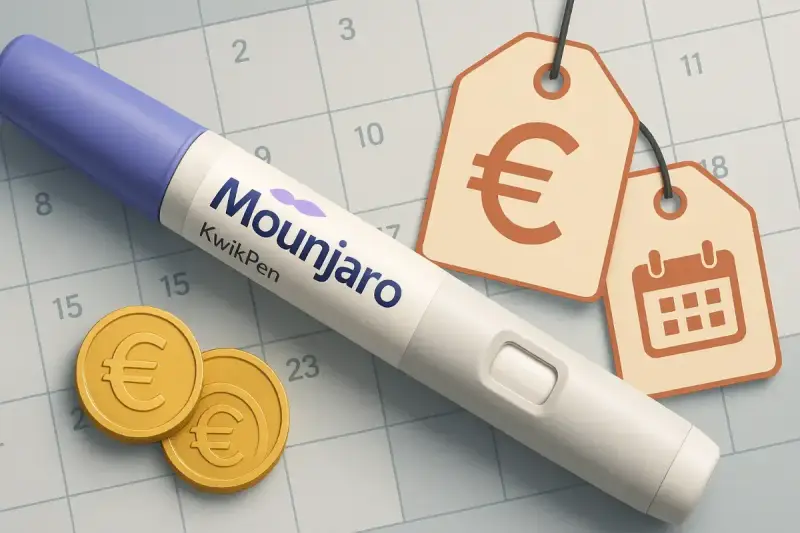 Mounjaro KwikPen na tle kalendarza z monetami euro i metkami cenowymi. Sprawdź, jaka jest mounjaro 7 5 mg cena.
