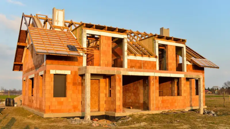 Budowa domu energooszczędnego z cegły ceramicznej. Widoczny szkielet dachu i otwory okienne.