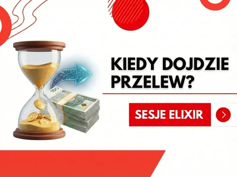 Kiedy przelew? Klepsydra z pieniędzmi i strzałka symbolizują czas. Kliknij Sesje Elixir, by dowiedzieć się więcej.