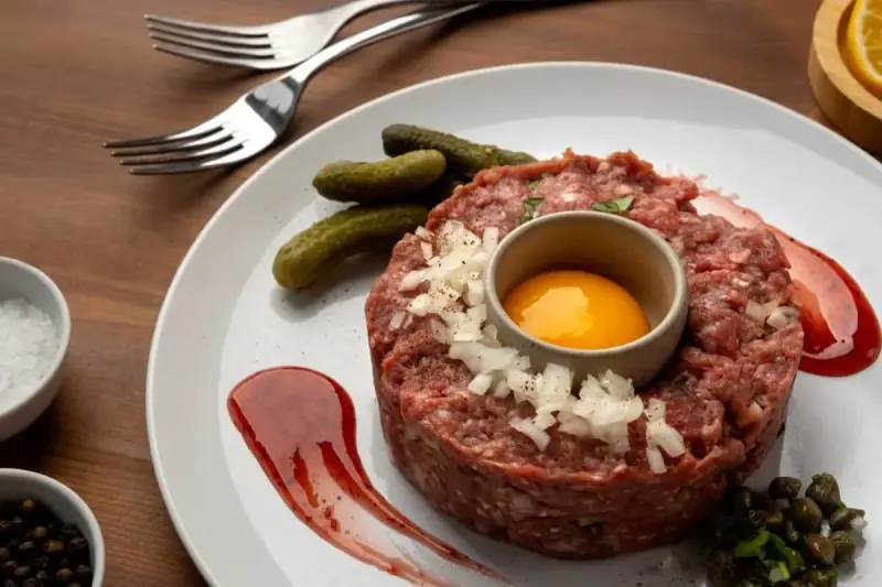 Tartar de salchichón: carne picada, huevo, pepinillos, cebolla, alcaparras y salsa. ¡Ingredientes perfectos para un plato delicioso!