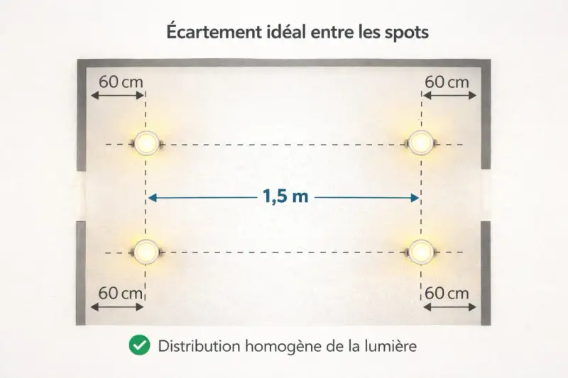 Schéma montrant l'espacement idéal des spots encastrables : 60 cm des murs et 1,5 m entre eux pour une lumière homogène.