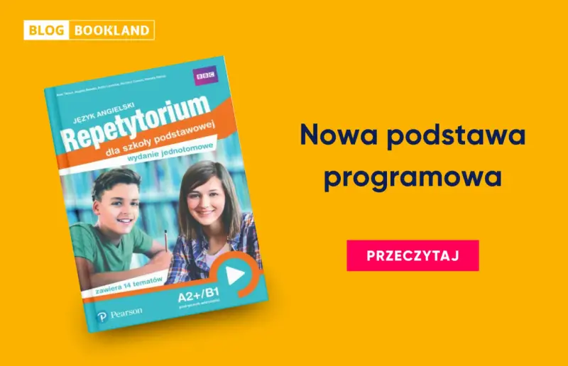 Okładka podręcznika "Repetytorium Język Angielski" z uśmiechniętymi uczniami.