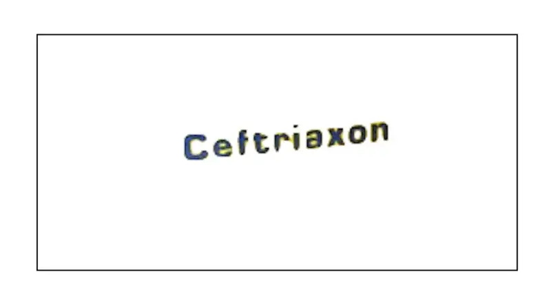 Napis "Ceftriaxon" w kolorze niebiesko-żółtym, lek stosowany w leczeniu infekcji.