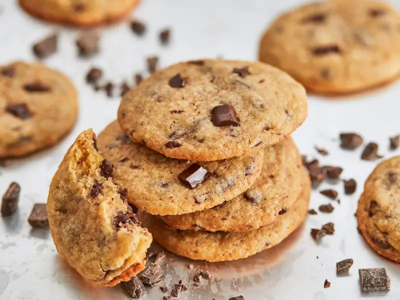 Ein Stapel saftiger american cookies mit Schokoladenstückchen, einer angeknabbert, umgeben von Schokoladenstückchen.