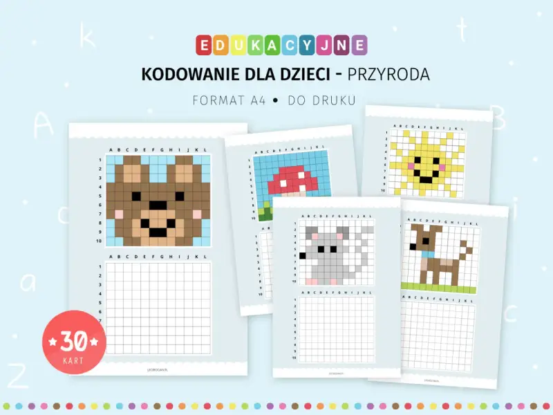 Karty pracy do kodowania dla dzieci: miś, grzyb, słońce, myszka, piesek. Idealne do nauki przez zabawę.