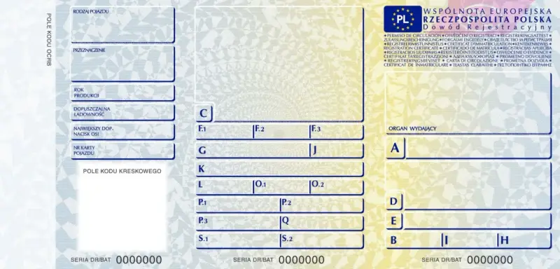 Dowód rejestracyjny pojazdu, z widocznym polem na datę pierwszej rejestracji w dowodzie.