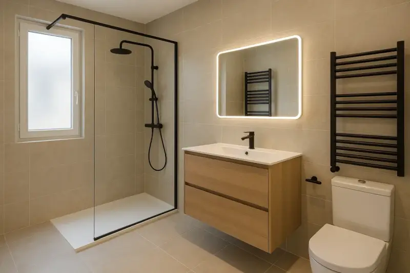 Salle de bain moderne avec douche à l'italienne, meuble vasque en bois, miroir lumineux et radiateur noir. Une belle idée salle de bain douche.