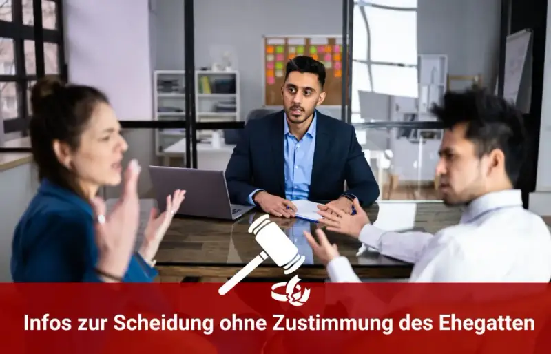 Streitendes Paar vor Anwalt. Kann man sich scheiden lassen wenn der Partner nicht will? Hier Infos zur Scheidung ohne Zustimmung des Ehegatten.