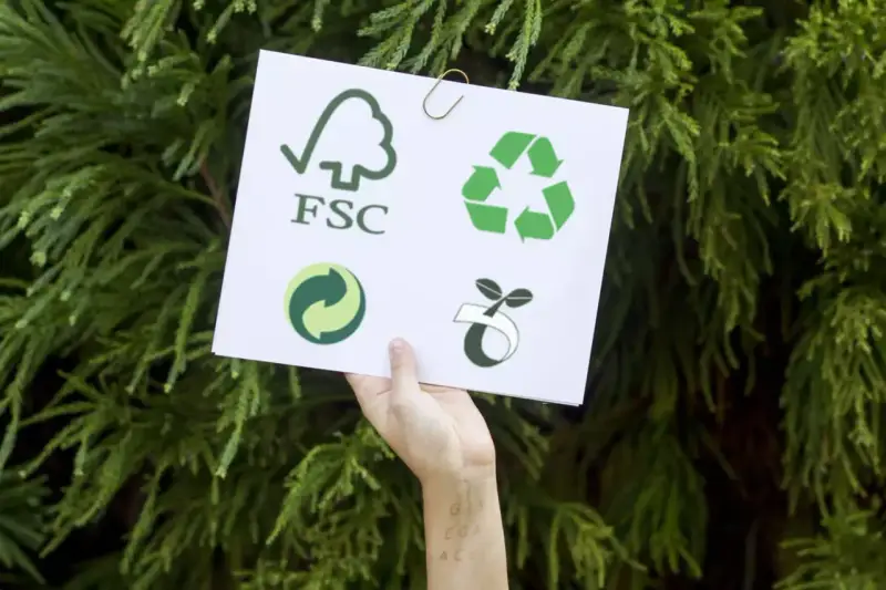 Dłoń trzyma kartkę z symbolami: FSC, recyklingu, zielonej kropki i kiełkującej rośliny. To symbol ekologii.