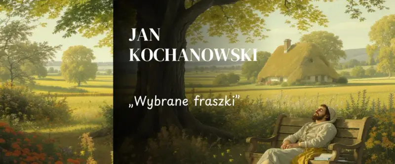 Obraz przedstawia malowniczy krajobraz z chatą krytą strzechą, drzewem i mężczyzną odpoczywającym na ławce.
