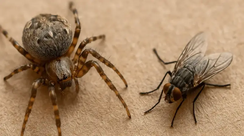 Eine Spinne und eine Fliege auf braunem Untergrund. Viele Leute denken, dass spinnen insekten sind, aber das stimmt nicht.
