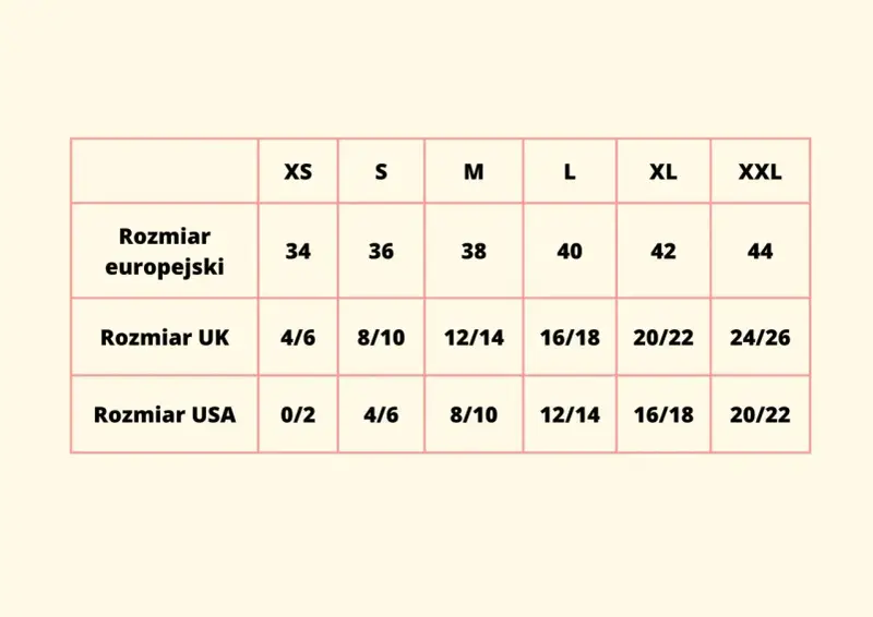 Tabela rozmiarów: europejski 38, UK 12/14, USA 8/10. Jaki to rozmiar 12? To M w Europie.