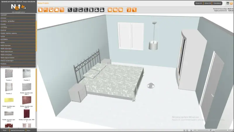 Program do projektowania wnętrz w widoku 3D. Widok sypialni z łóżkiem, szafą i oknem. Możliwość wyboru elementów wyposażenia.