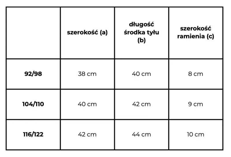 Tabela rozmiarów odzieży. Rozmiar 92/98 ma szerokość 38 cm, długość środka tyłu 40 cm i szerokość ramienia 8 cm.